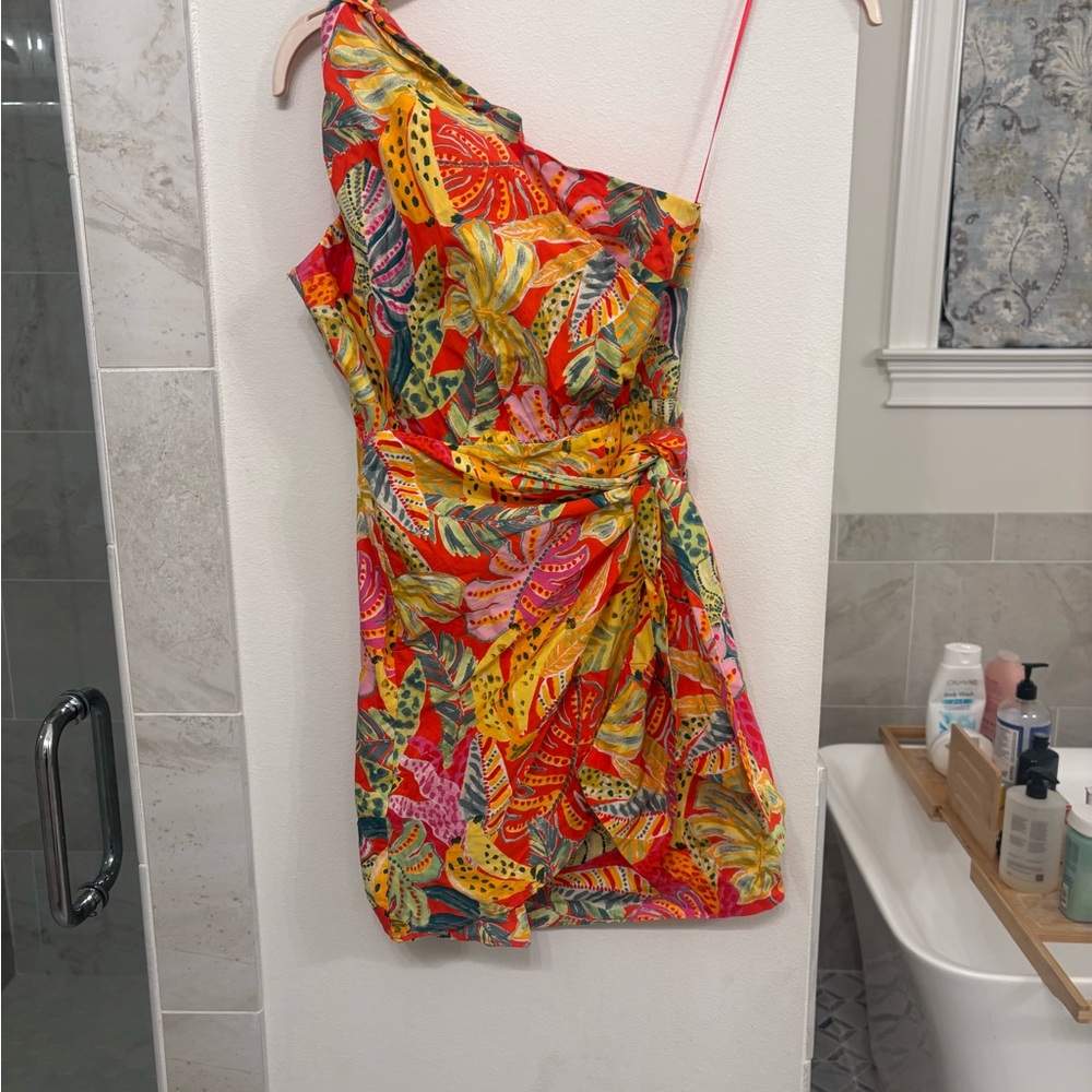 Karlie One-Shoulder Tropical Print Dress in Yellow, Pink, Green, Orange - Picture 9 of 9